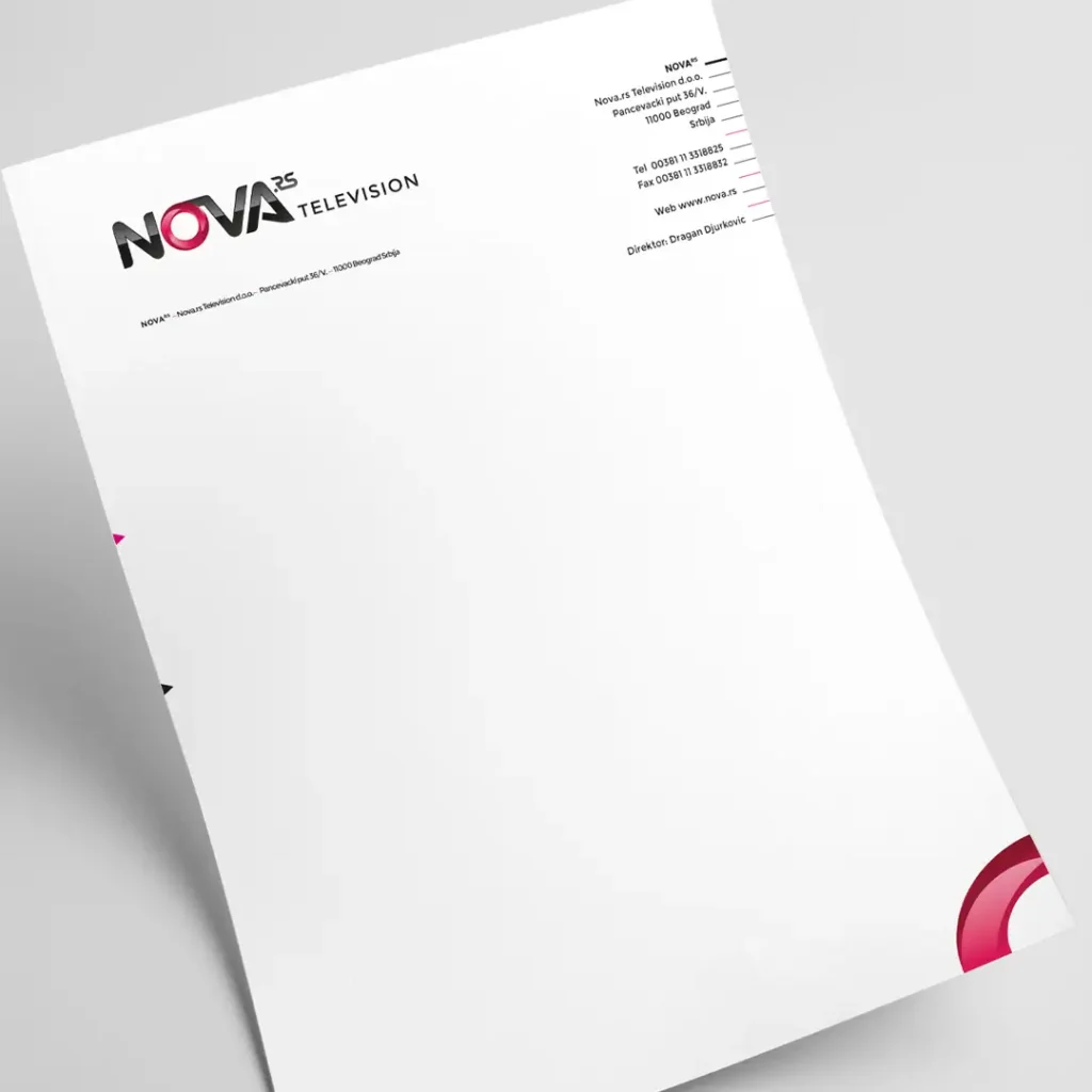 Briefbogen für NOVA.tv mit Logo oben links und Geschäftsangaben oben rechts