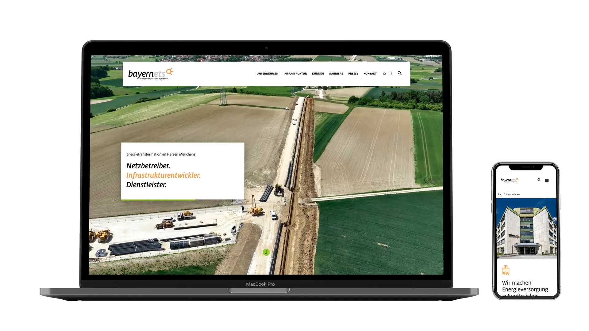 Website Redesign: Startseite auf einem Laptop und und Seite „Unternehmen“ auf einem Smartphone